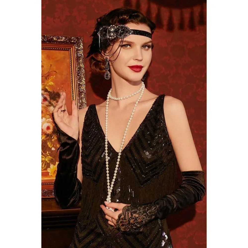 1920s Flapper Accessories Vintage Costume Party Set Feathers Pearl Gloves